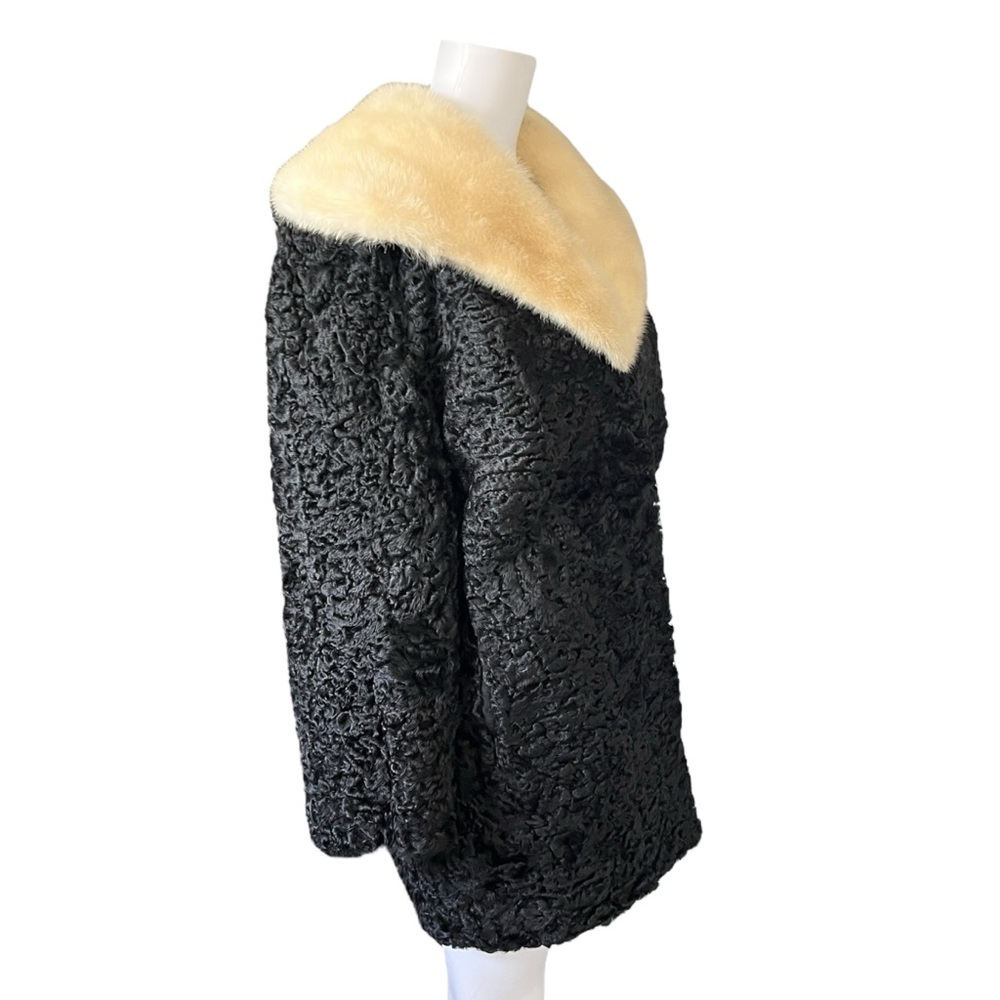Vintage 50s 60s Crown Monarch Black Curly Lamb Fur Coat Mink Collar Soft View 4